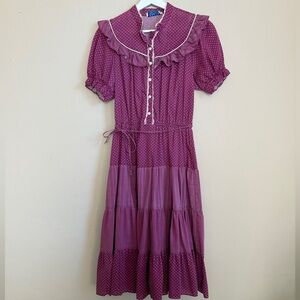 Vintage Prairie Cottage Lace Trim Tiered Ruffle Midi Dress Plum Women’s Small